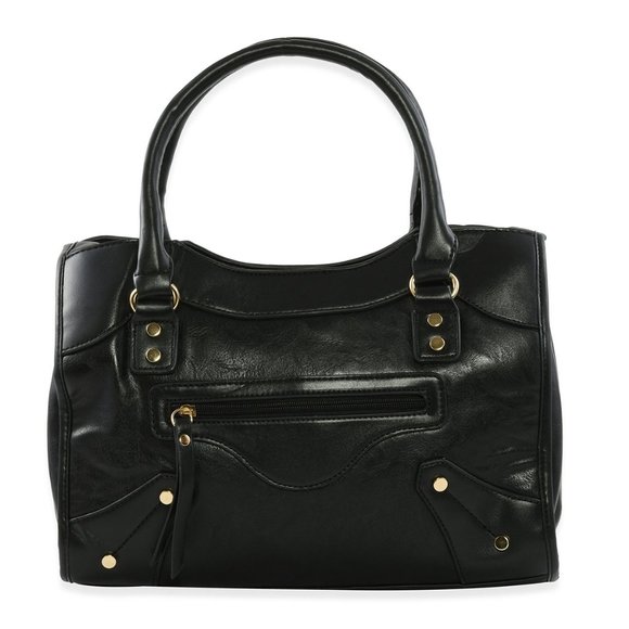 Black  Faux Leather Tote Bag, Detachable Strap - Picture 1 of 5
